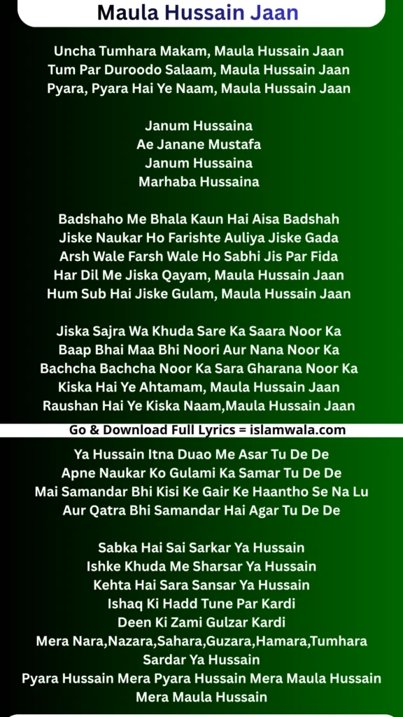 Maula Hussain Jaan Lyrics In English