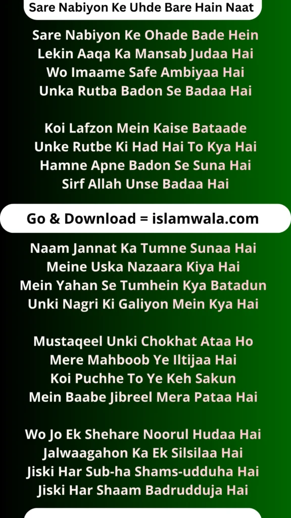 Sare Nabiyon Ke Uhde Bare Hain Naat Lyrics In English