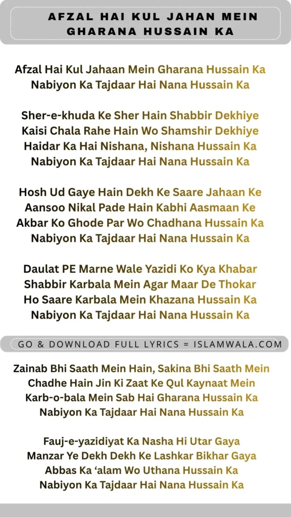 Afzal Hai Kul Jahan Mein Gharana Hussain Ka Lyrics In English