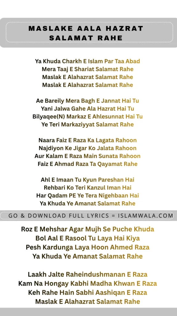 Maslake Aala Hazrat Salamat Rahe Lyrics In English